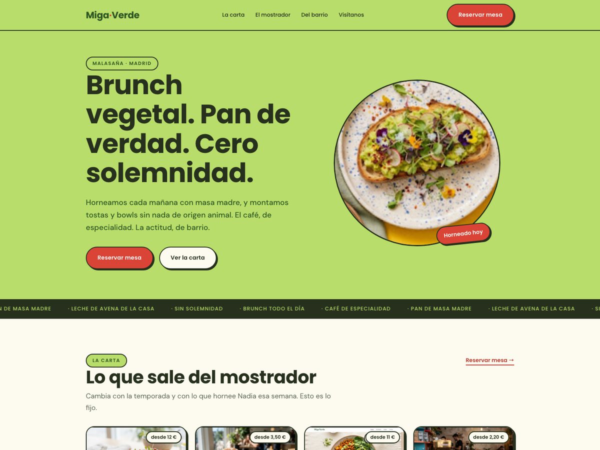 Web de Miga Verde, cafetería y panadería