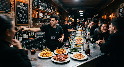 Barra llena de tapas y comensales en Brasa y Barrio, Lavapiés